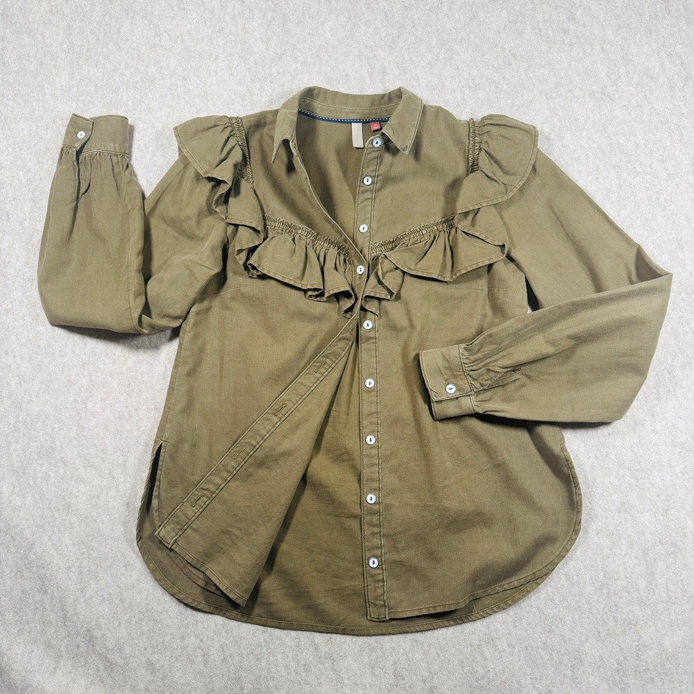 Pilcro Shirt Womens XS Olive Green Ruffle Trim Cotton Twill Button Down Blouse